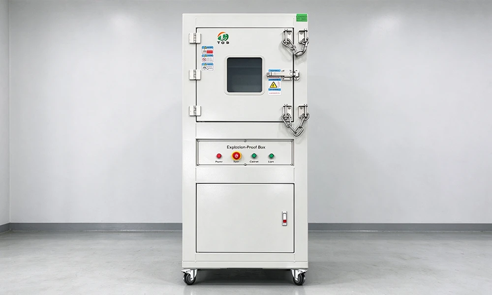 TOB-001-1 over charge explosion proof box, front view with the single chamber door closed