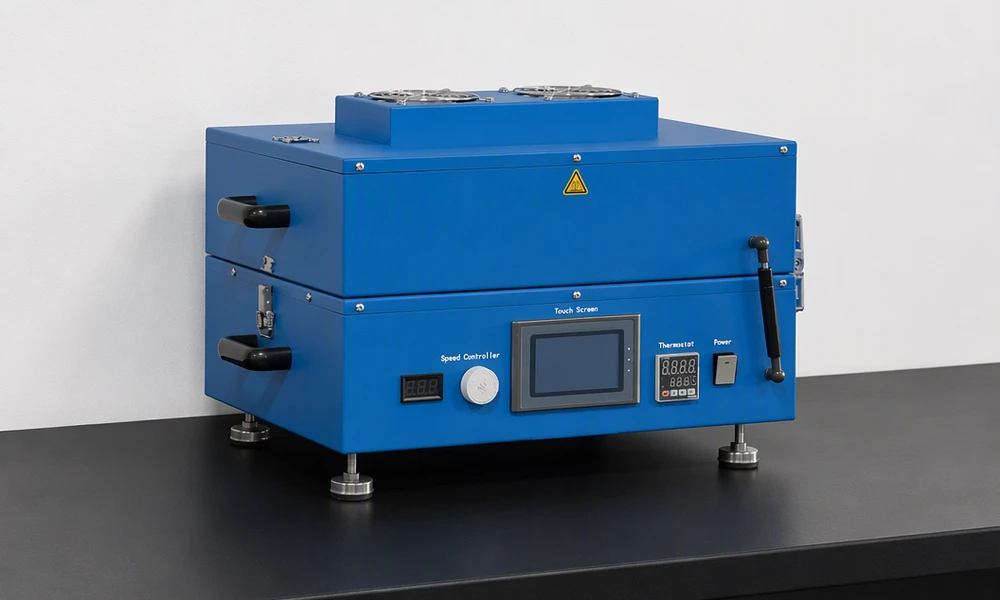 TOB-VCH-300X250 automatic film coating and drying machine with the lid closed, standing on a laboratory bench