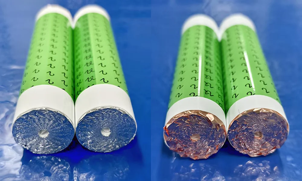 Positive and Negative Jelly-Roll End-Face Flattening Results Flattened positive electrode end faces on the left and negative electrode end faces on the right