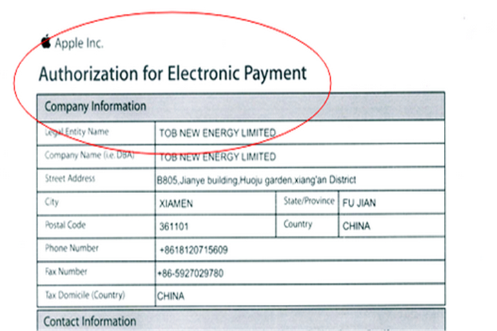 Apple inc corperation con tob nuova energia